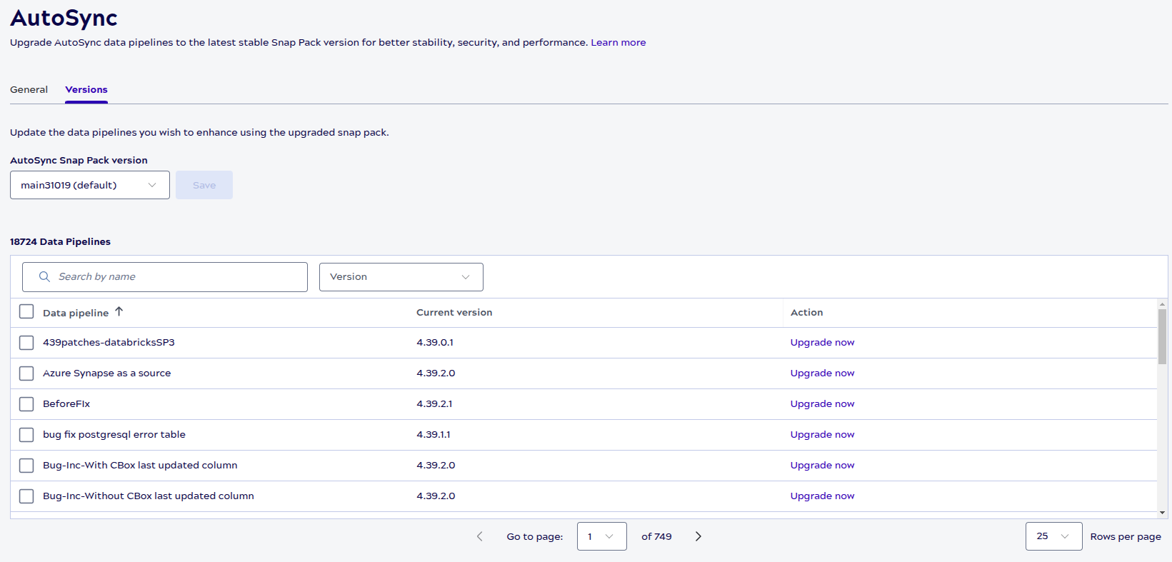 AutoSync Snap Pack version settings