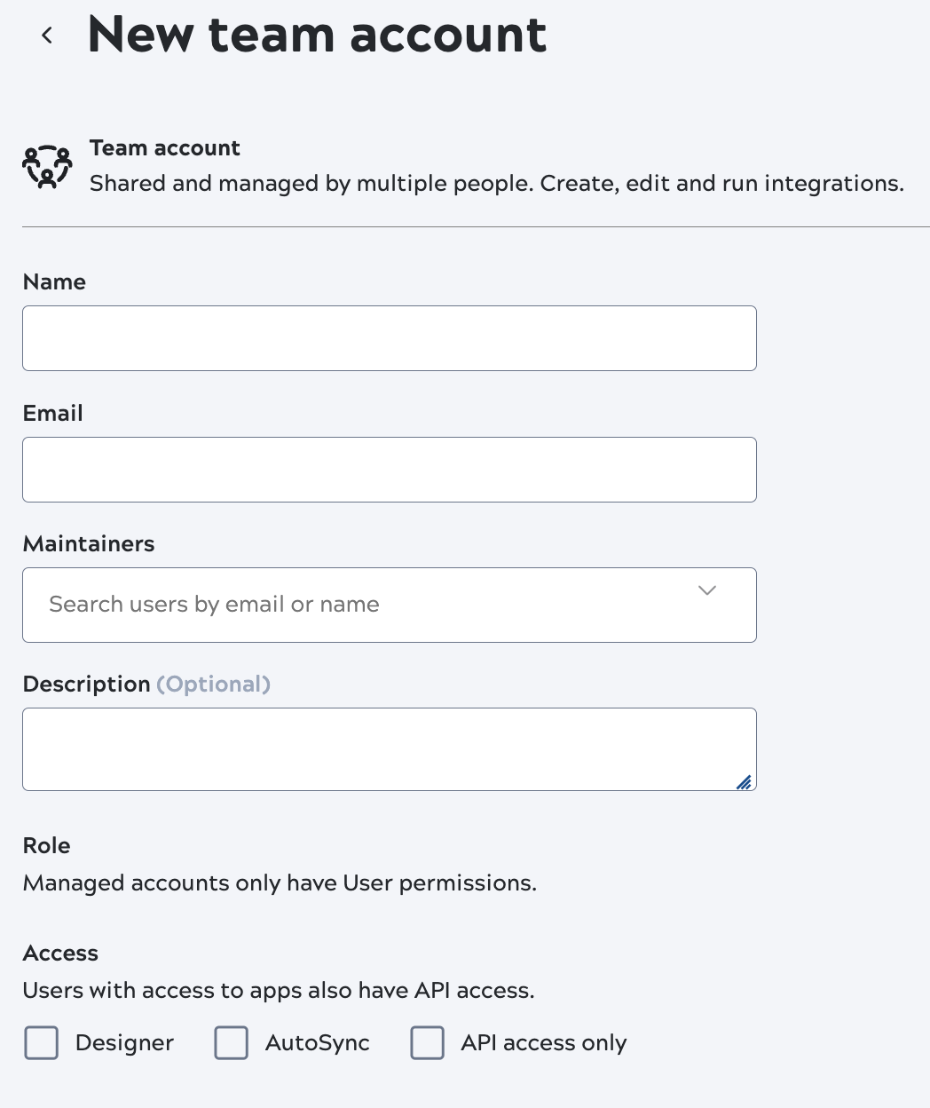 New team account options