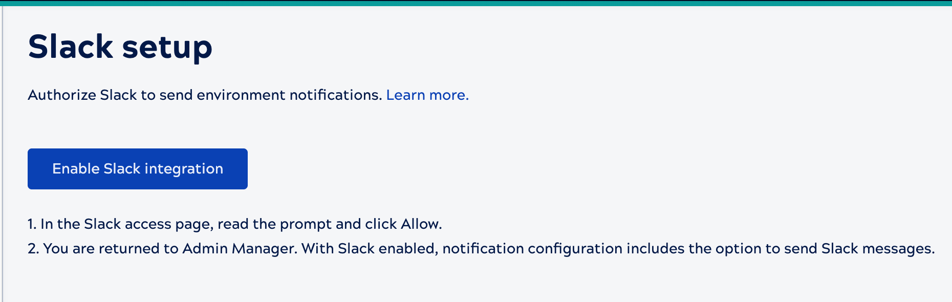 Slack setup in Admin Manager