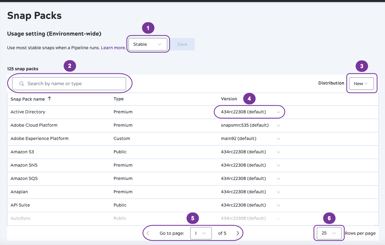 Admin Manager Snap Packs screen