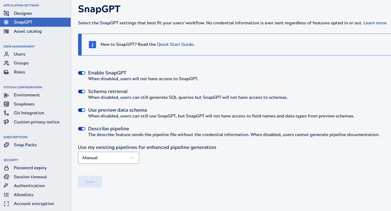 SnapGPT settings screen