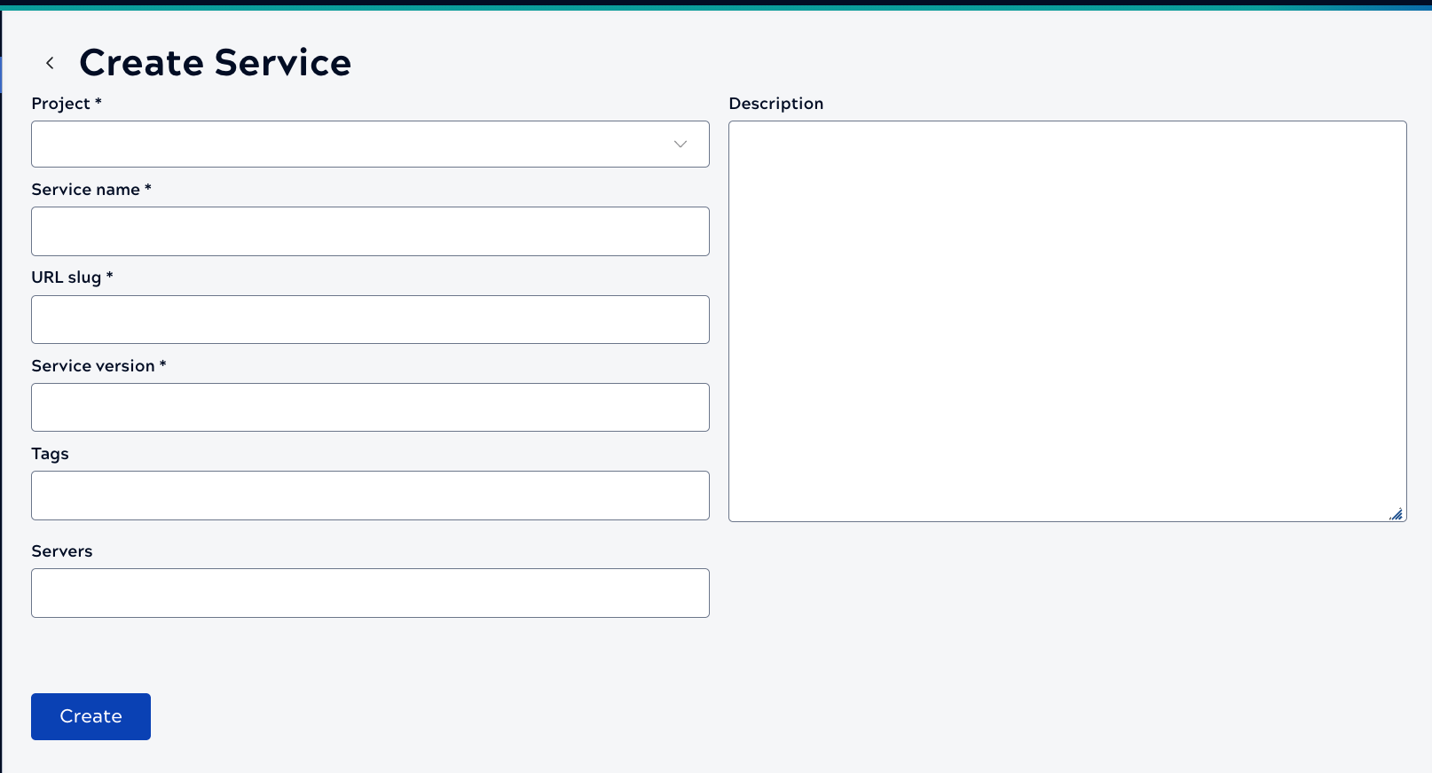 Create Service panel