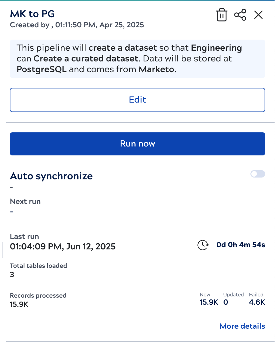 Data pipeline execution details