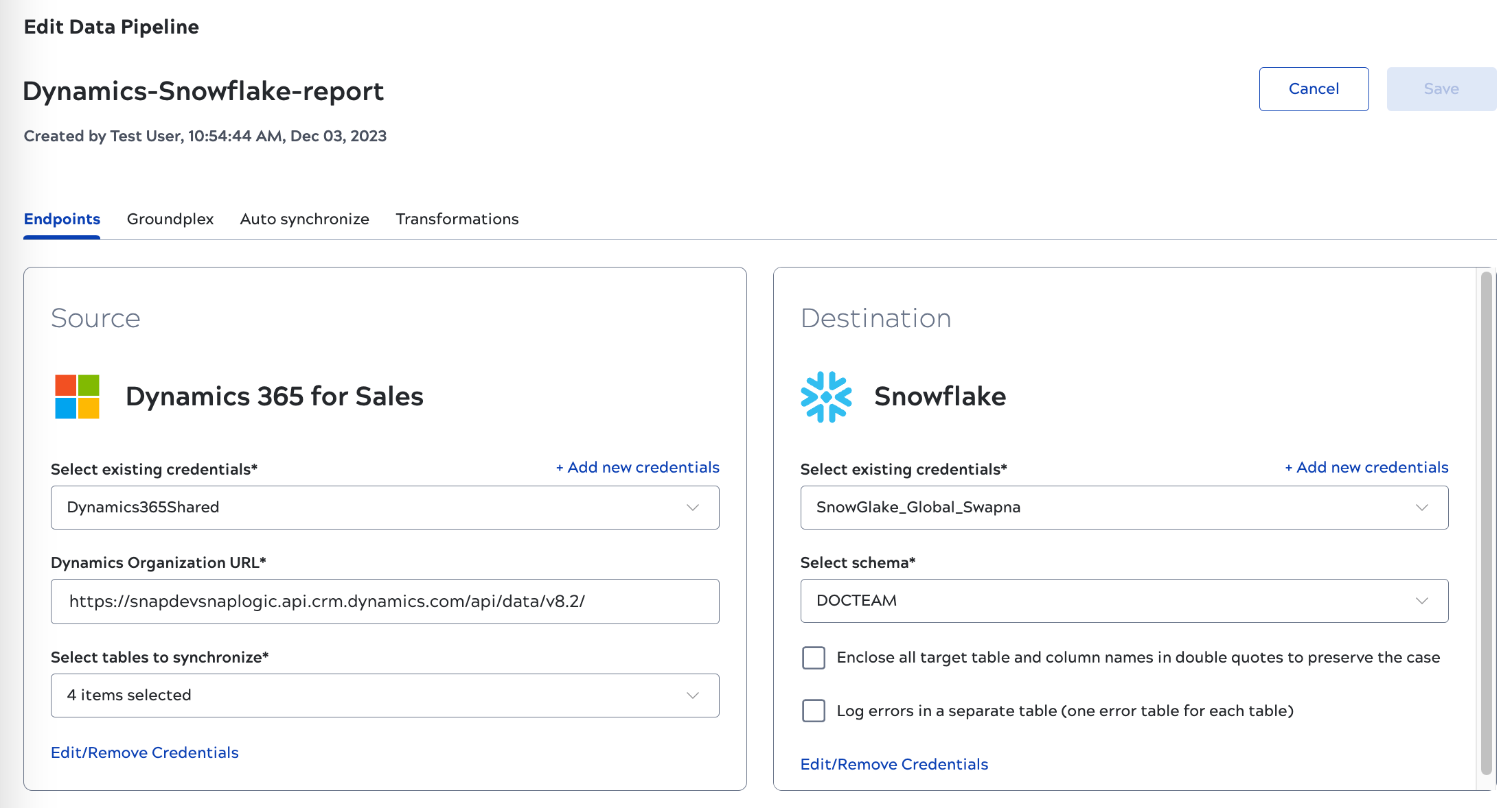 Edit data pipeline screen
