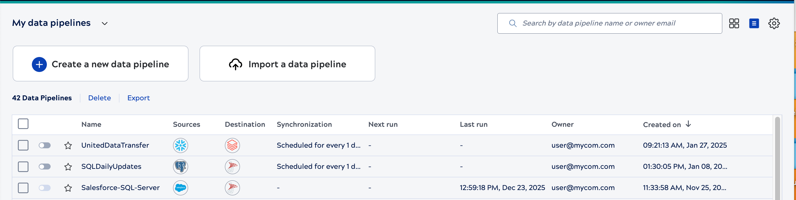 AutoSync dashboard list view