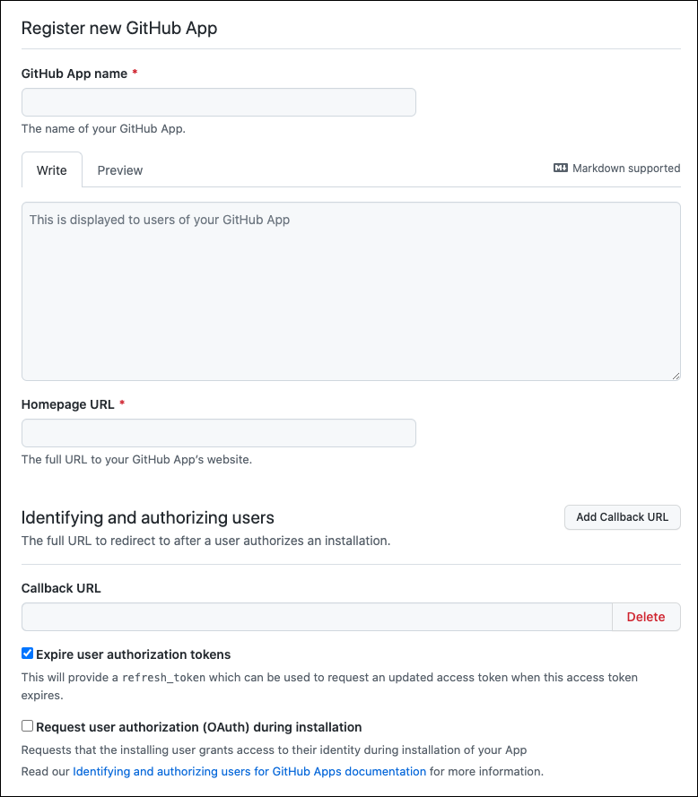 Register New GitHub App dialog