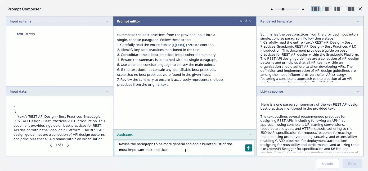 The repeating short video shows how we can iterate on our initial prompt from the previous example to refine the returned LLM response.
