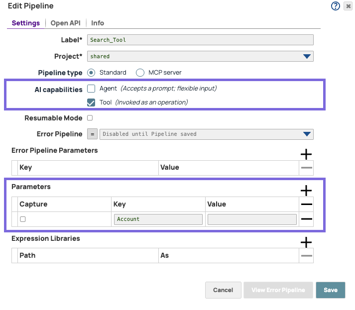Example properties for a Tool pipeline