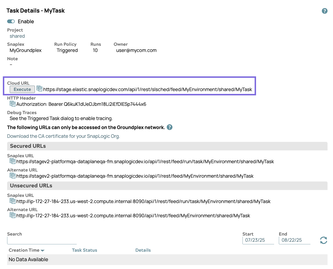 Task details page showing the Cloud URL, Snaplex URLs, and Alternate URLs
