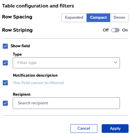 Table configuration and filters