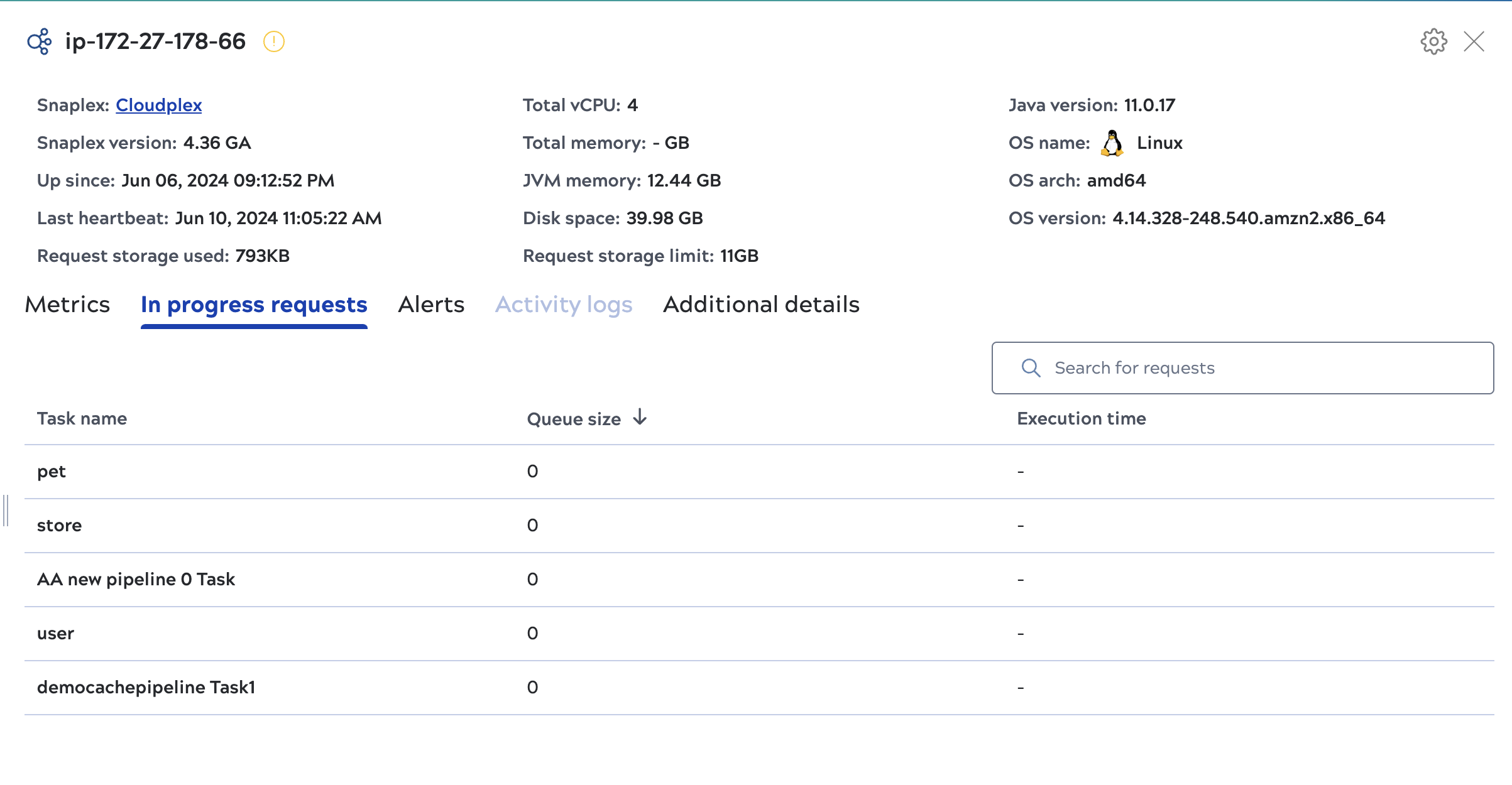 Feedmaster node In progress requests tab