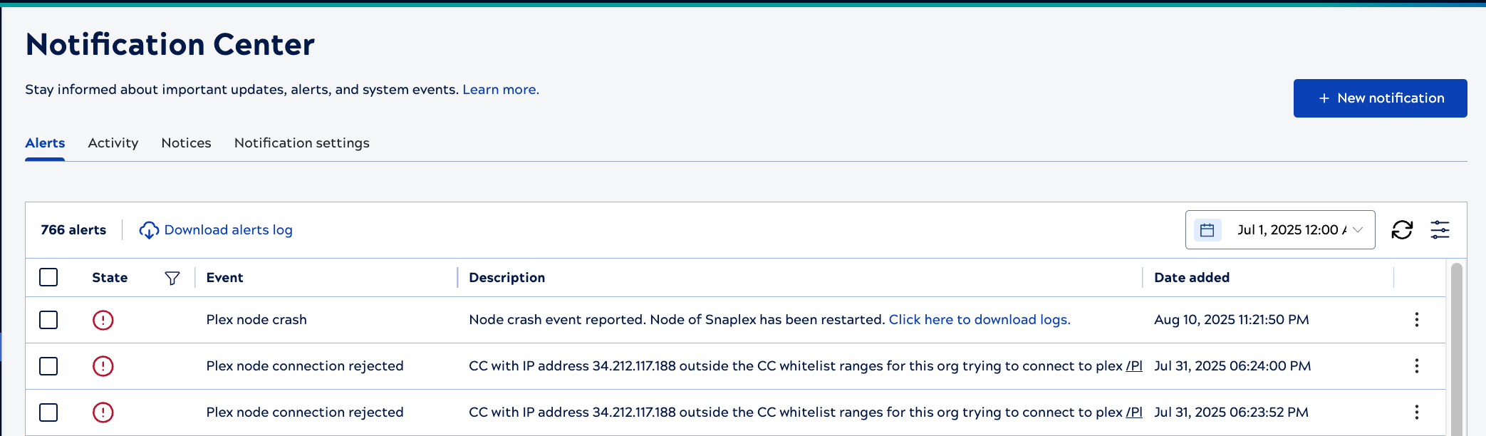 Alert history page in Monitor