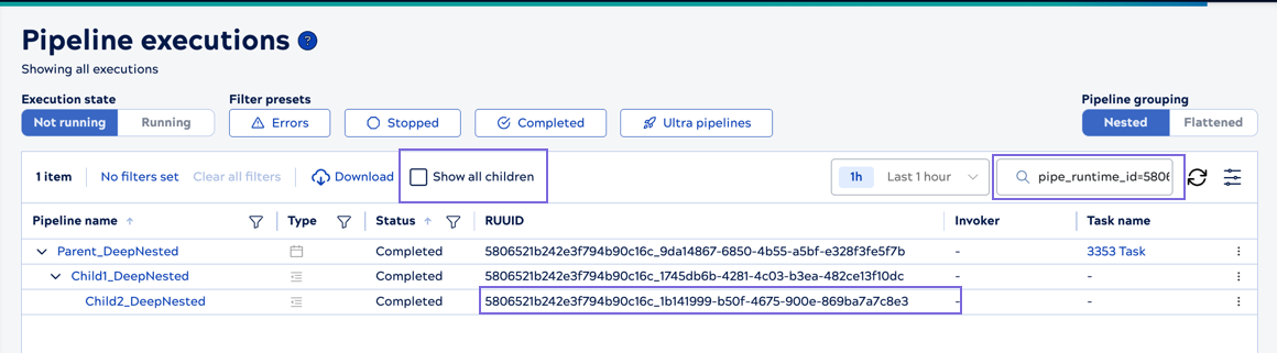 Search by RUUID with child box unchecked
