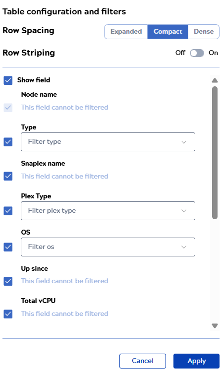 Table configuration and filters