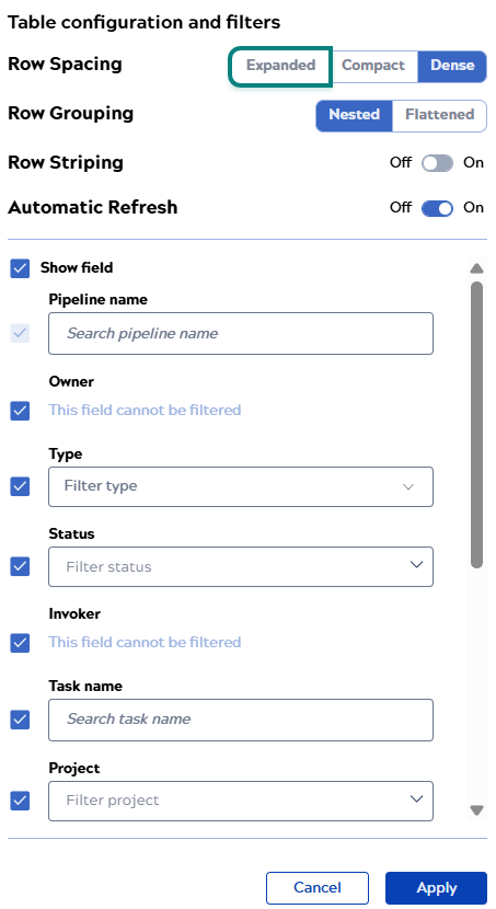 Table configuration and filters
