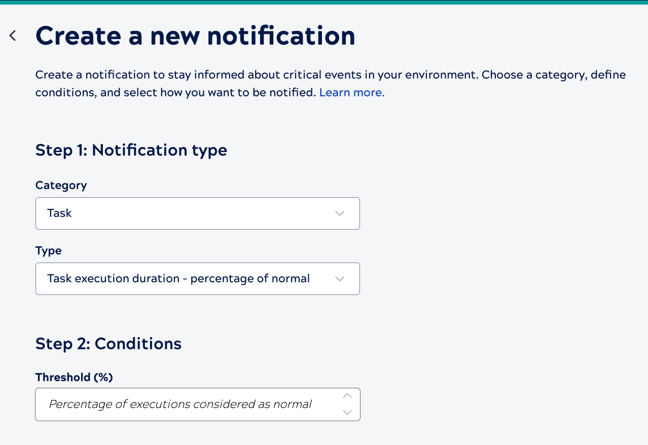 Notification configuration for task duration by percentage