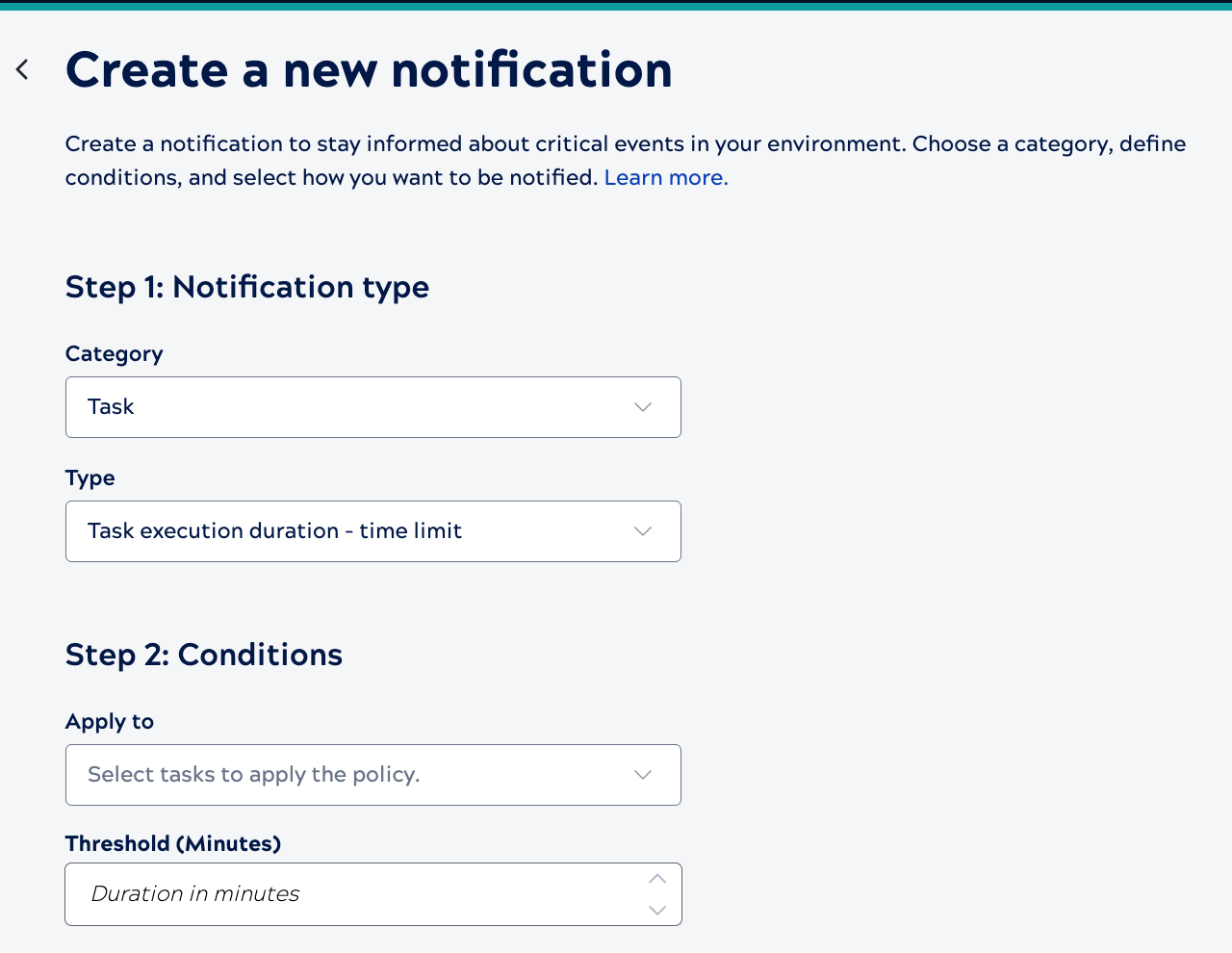 Notification configuration for task duration by time limit