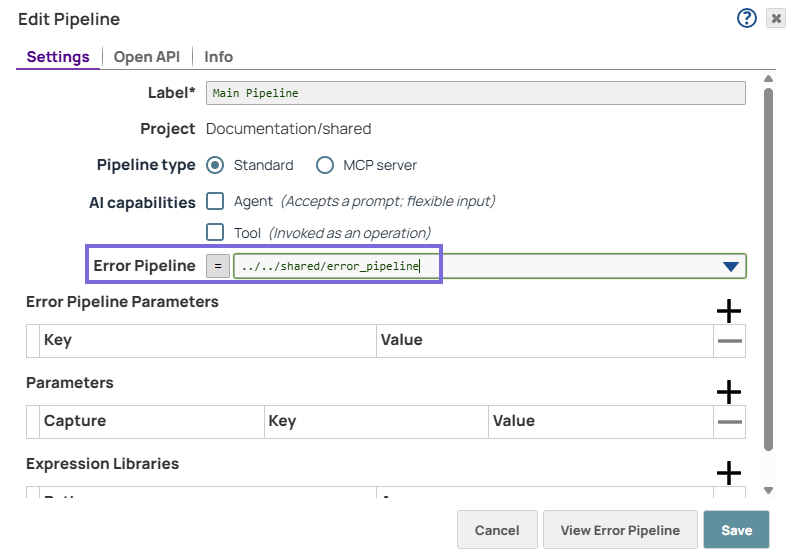 Selecting error pipeline