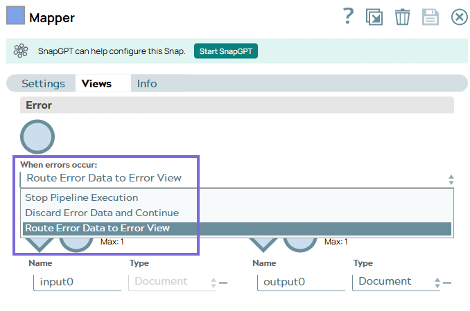 Snap Settings for error handling options