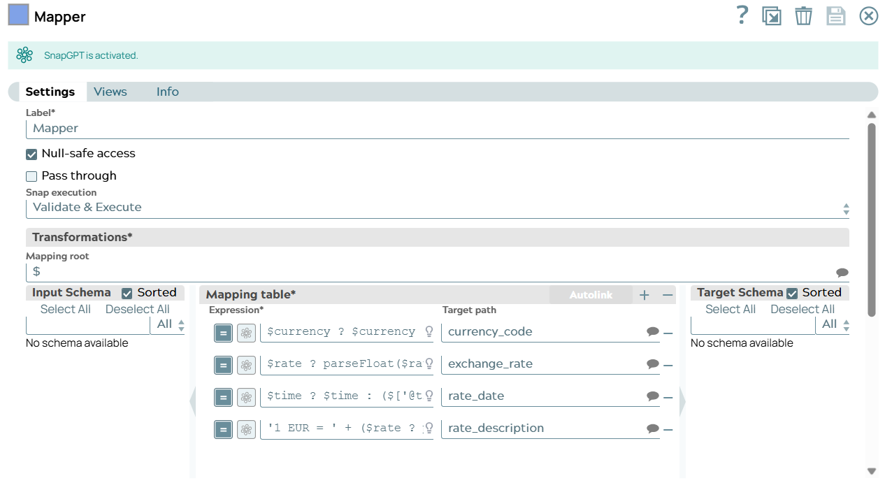 Updated Mapping table in the Mapper Snap