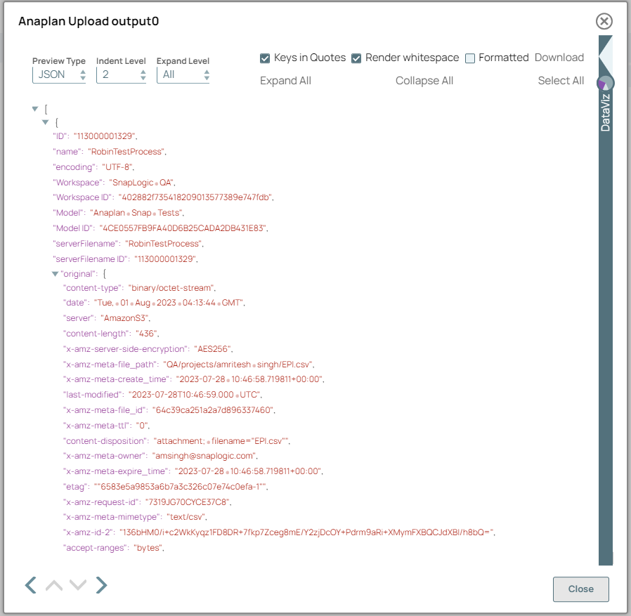 Anaplan Upload Snap output