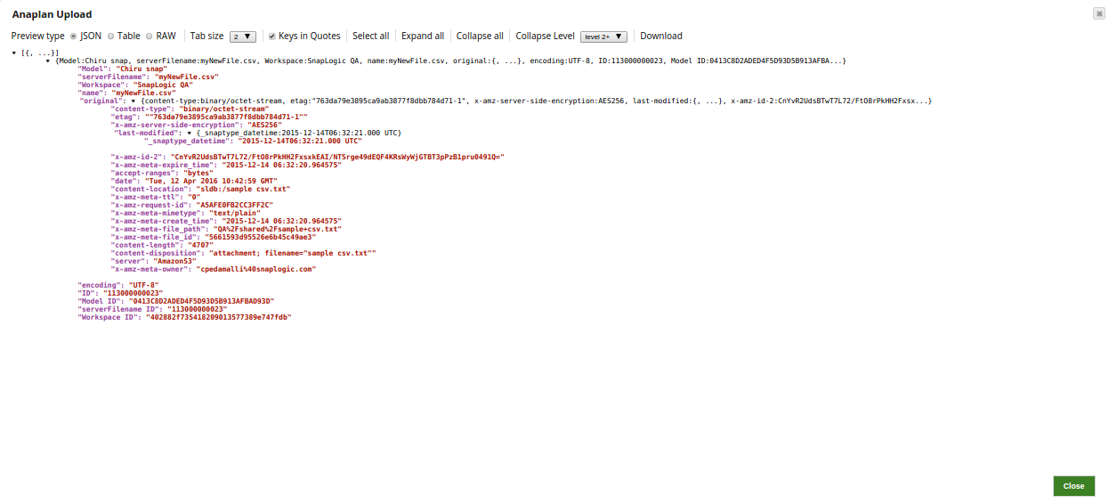 Anaplan Upload Snap output