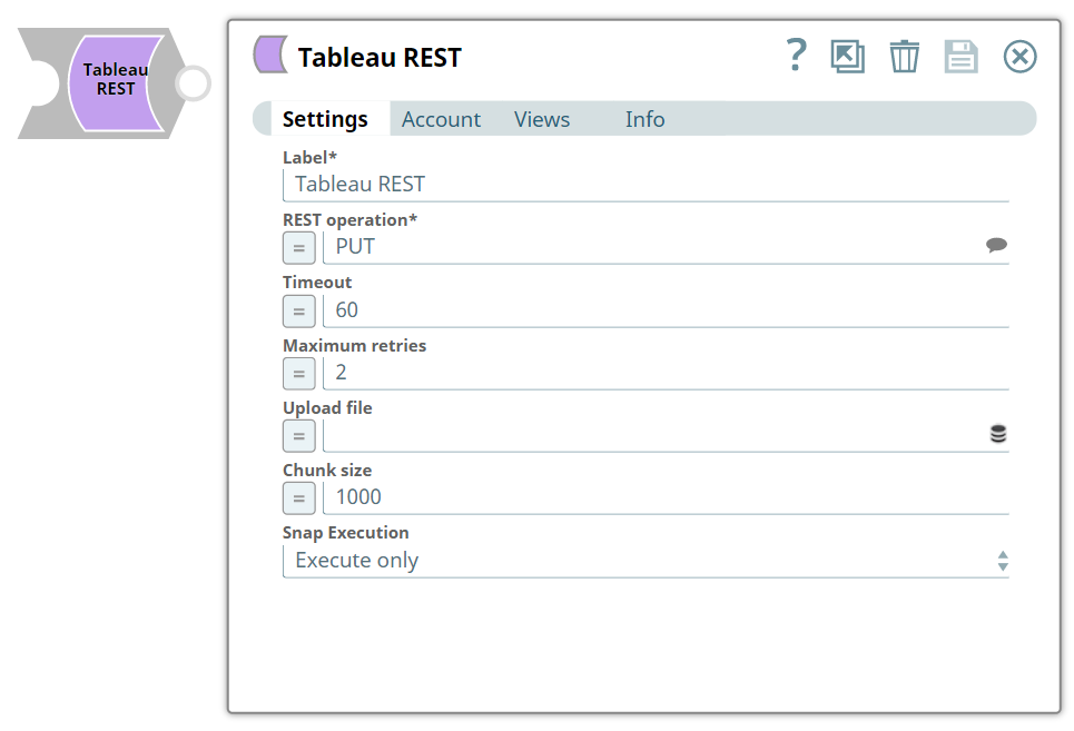 Tableau REST Snap dialog