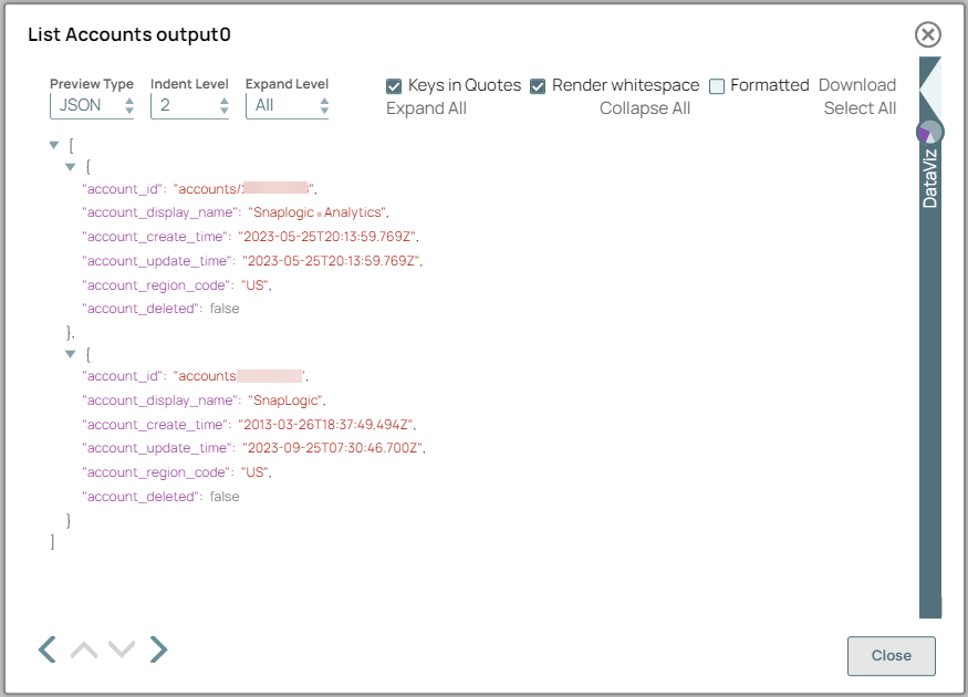 List Accounts Snap output