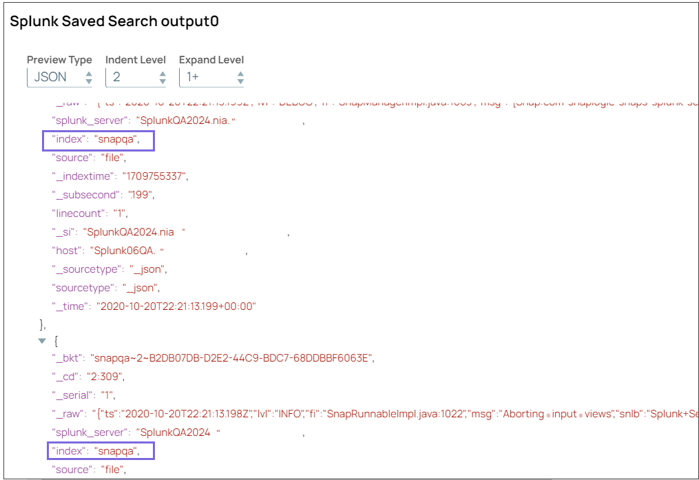 Splunk Saved Search Snap output