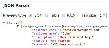 JSON Parser output preview