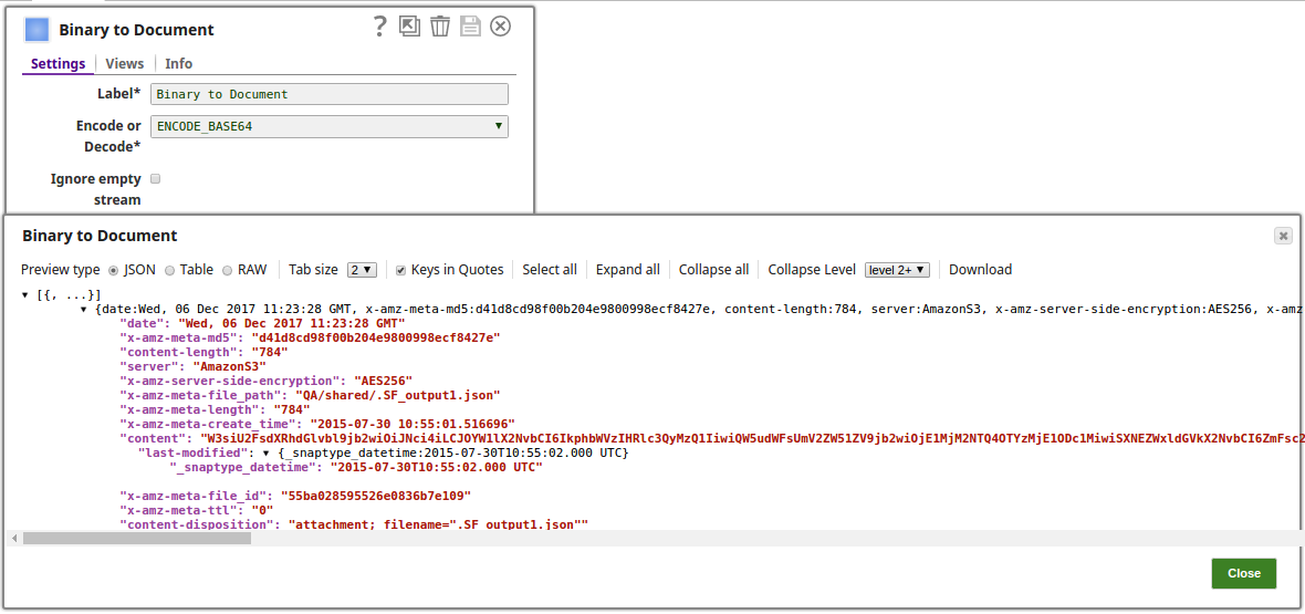 Binary to Document Snap configuration