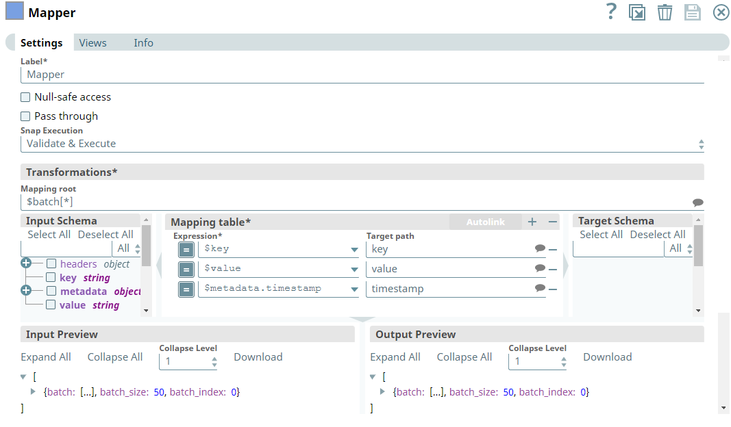 Mapper Snap configuration showing mapping root set to batch