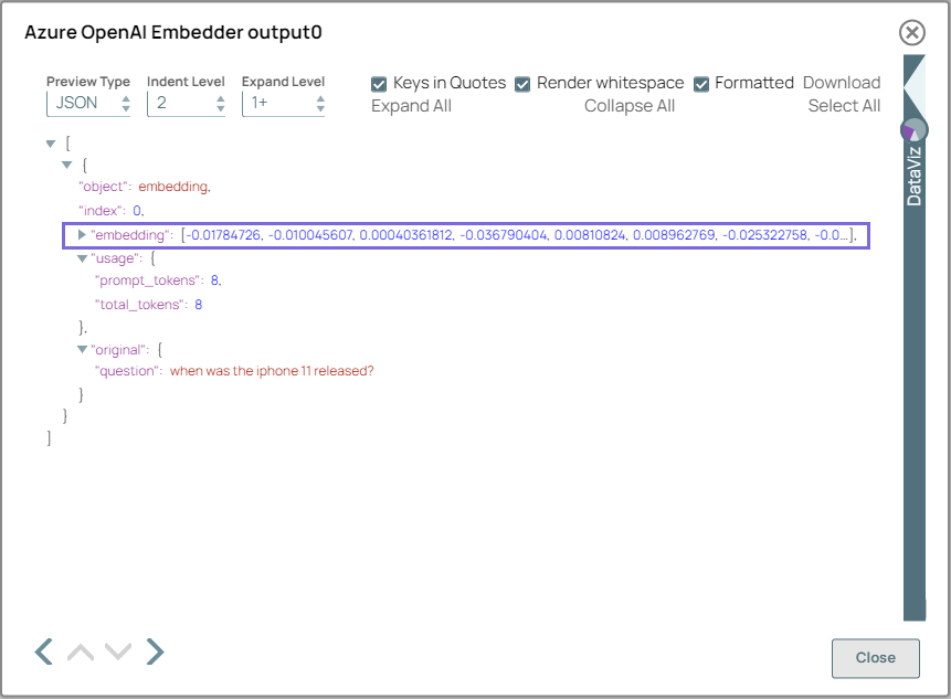 Azure OpenAI Embedder Snap output