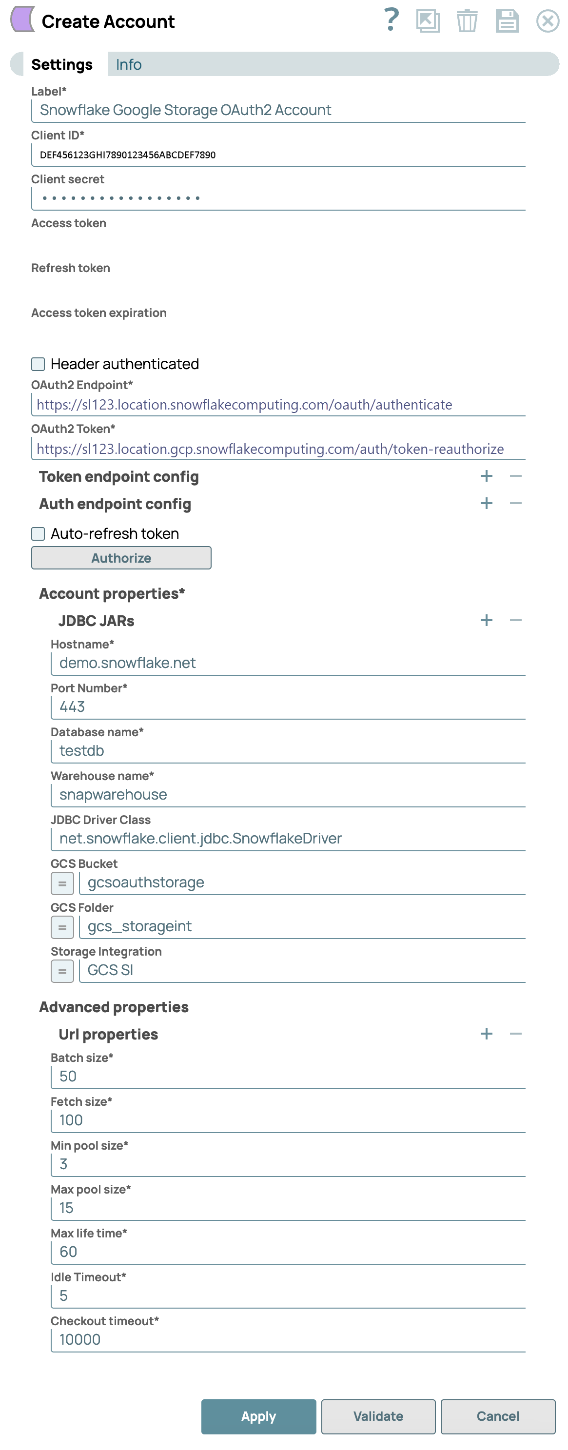Snowflake Google Storage OAuth2 account