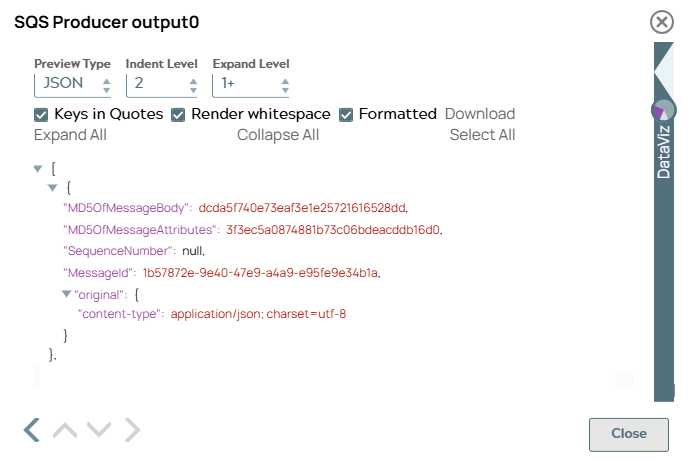 SQS Producer Snap output