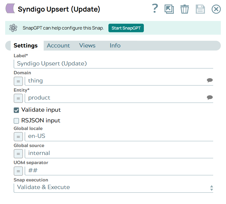 Syndigo Upsert Snap with values to upsert
