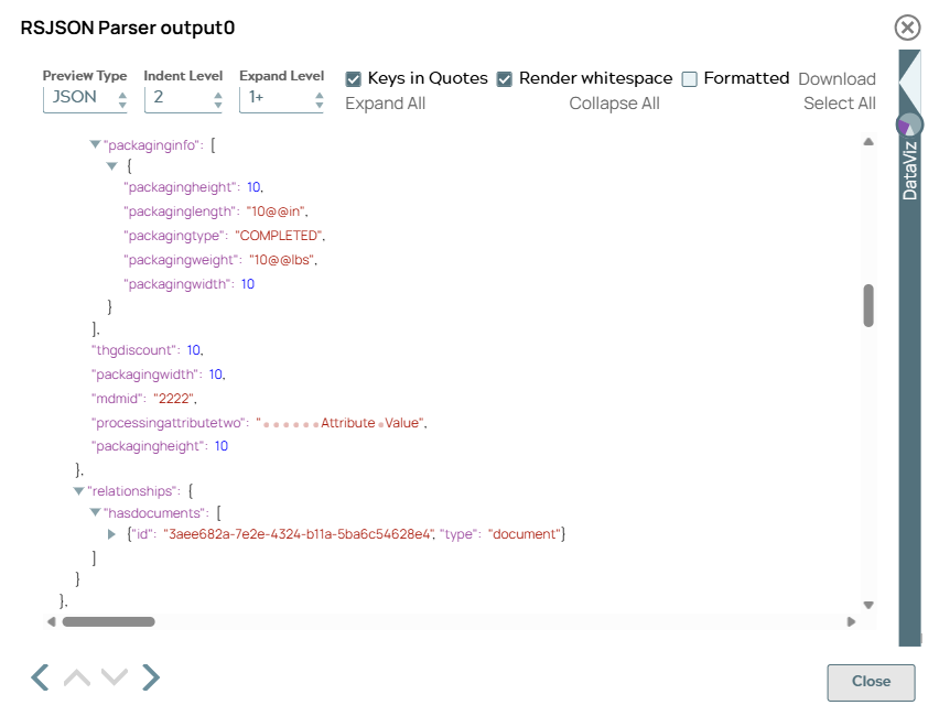 RSJSON Parser Snap output