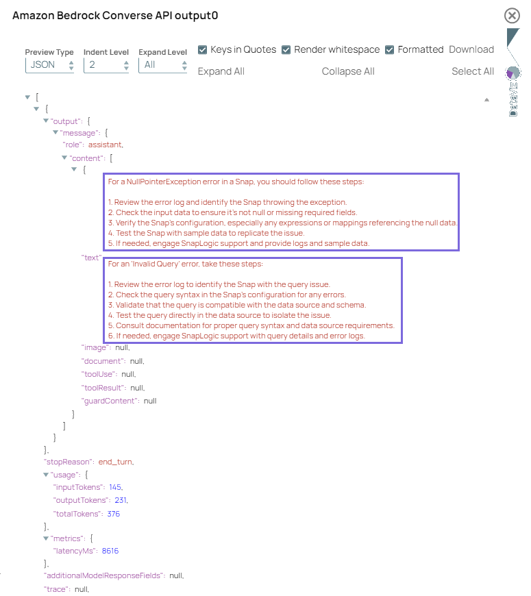 Amazon Bedrock Converse API Snap output