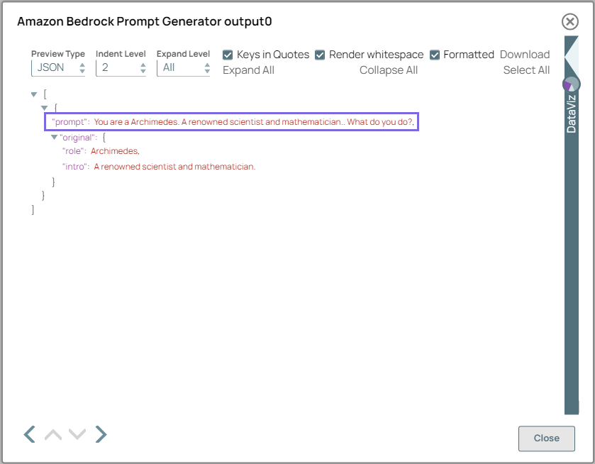 Amazon Bedrock Prompt Generator Snap output