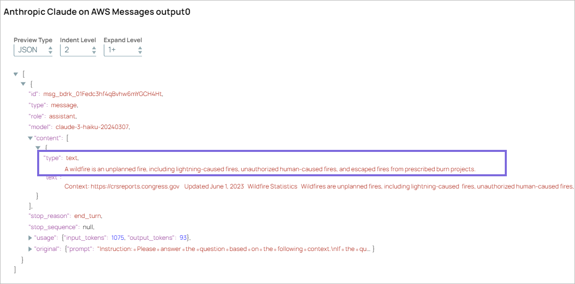 Claude on AWS Messages Snap output