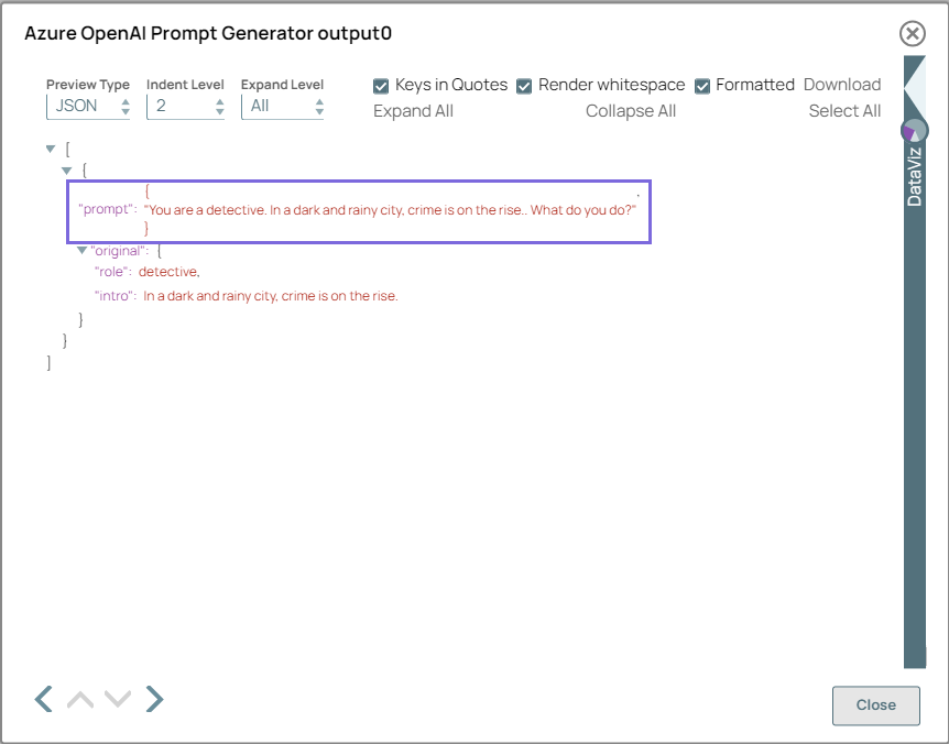Azure OpenAI Prompt Generator Snap output