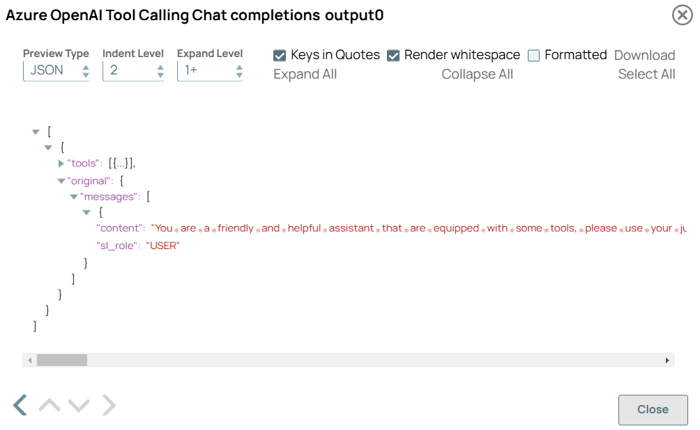 Azure OpenAI Tool Calling Snap output
