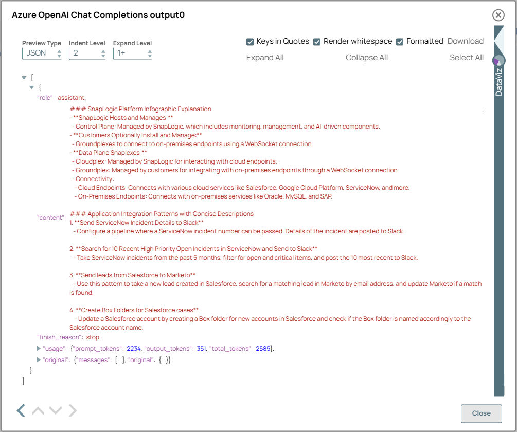Azure OpenAI Chat Completions Snap output