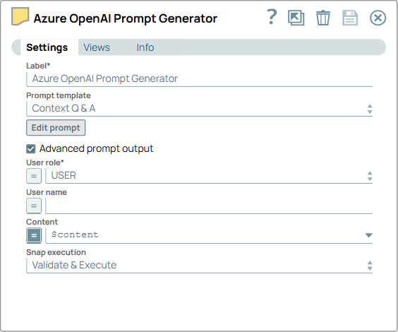 Azure OpenAI Prompt Generator Snap configuration