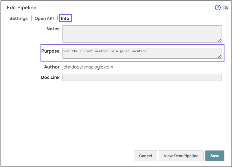 Pipeline Properties - Info