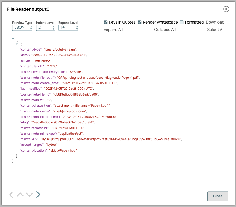 File Reader Snap output