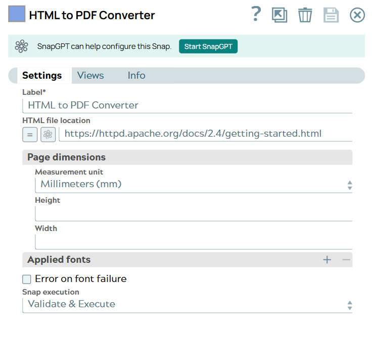 HTML to PDF Converter Snap configuration