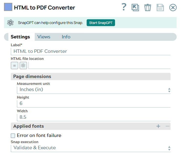 HTML to PDF Converter Snap configuration